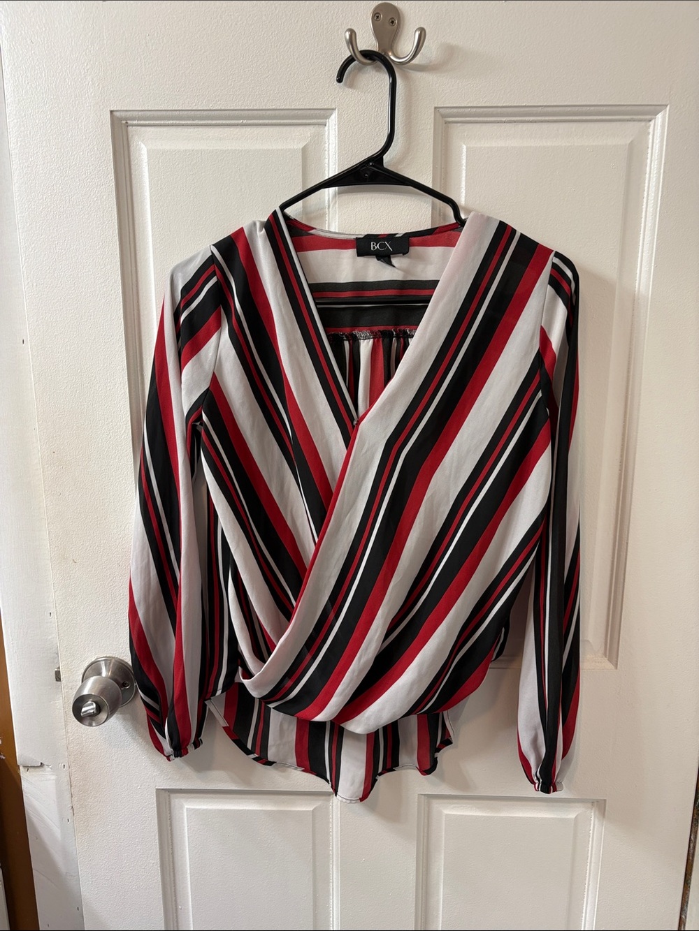 BCX Red Black and White Striped Surplice Blouse